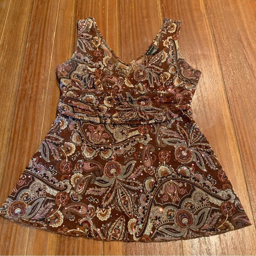 FANG Women’s Paisley 70s Hippie Retro Wrap Style V-Neck Rhinestone Top M